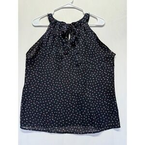 Womens Tank Top Medium Navy Blue Ditsy Floral Print Tie Bow Detail‎ Halter Neck
